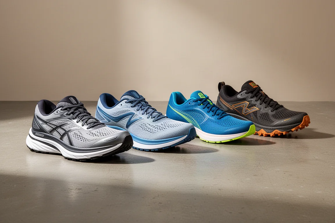 Six running shoes of varied styles lined up on a concrete studio floor