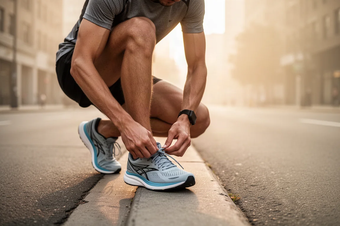 Corredor atándose unas zapatillas de running de asfalto en el bordillo de una ciudad al amanecer