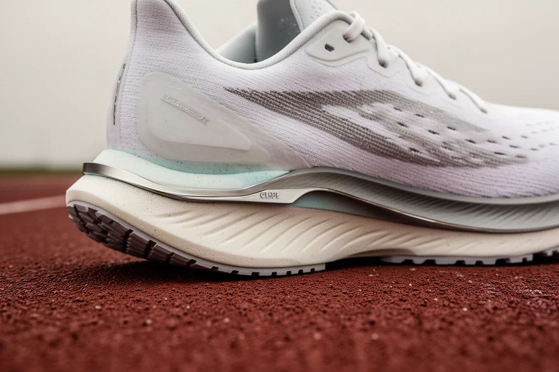 Primer plano de la mediasuela de una zapatilla de running con tecnología de placa sobre una pista