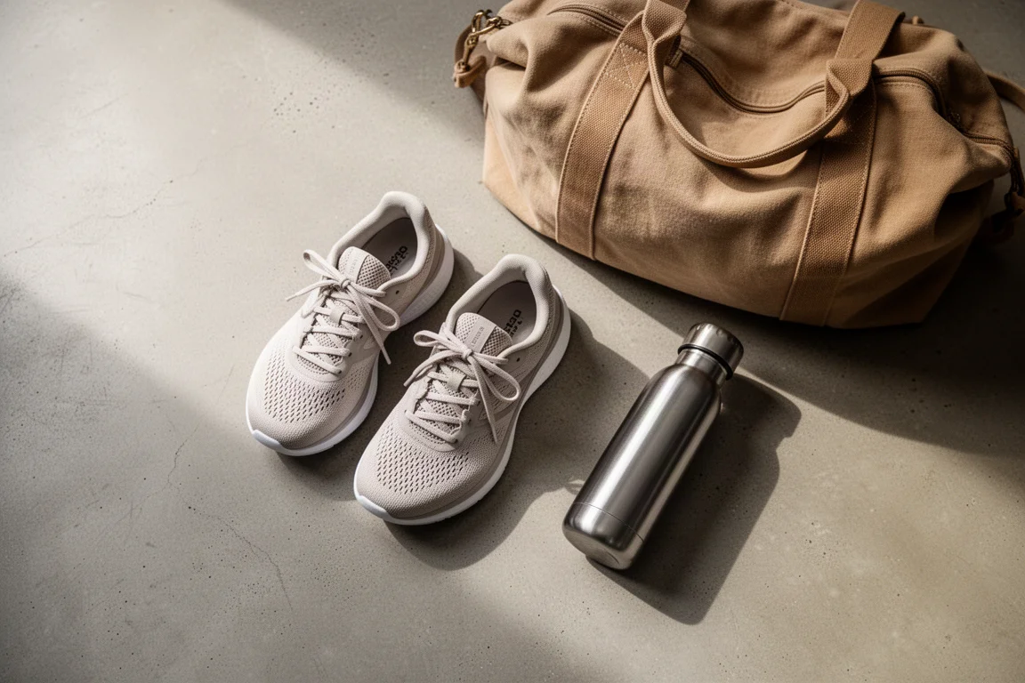 Par de zapatillas de running ligeras y sencillas junto a una bolsa de gimnasio y una botella de agua