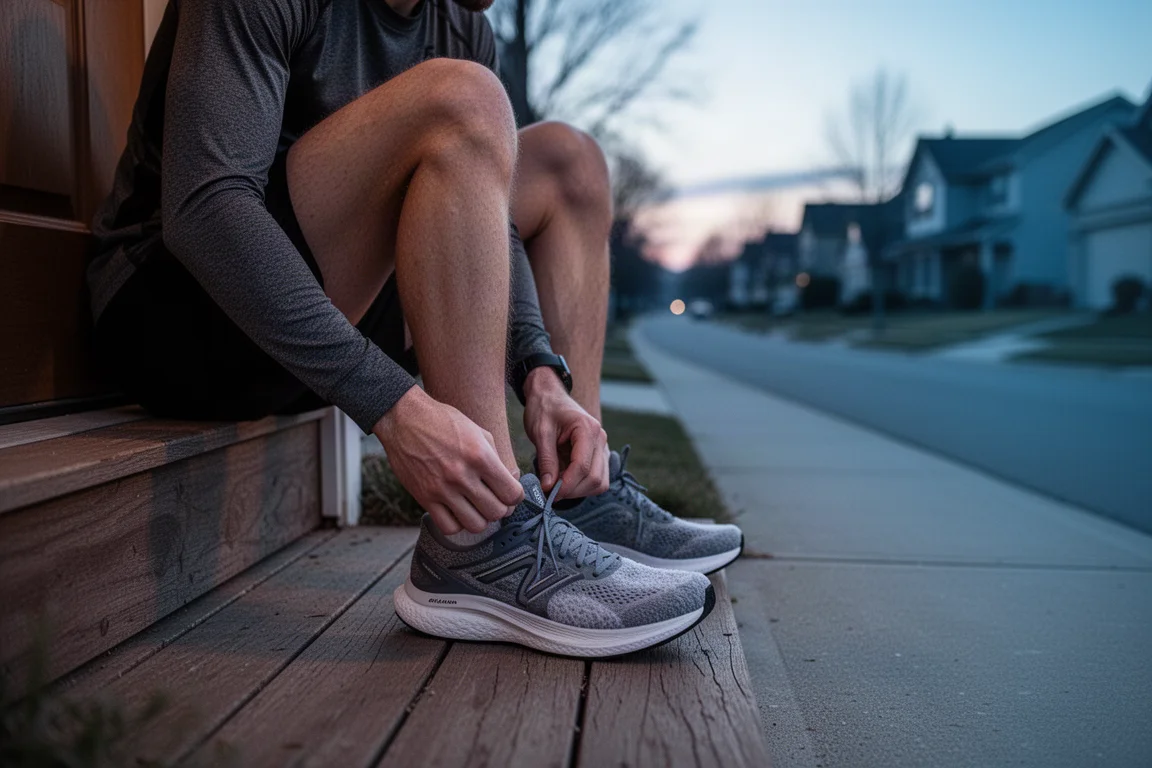 Runner lacing up a cushioned daily trainer on a suburban doorstep at dawn