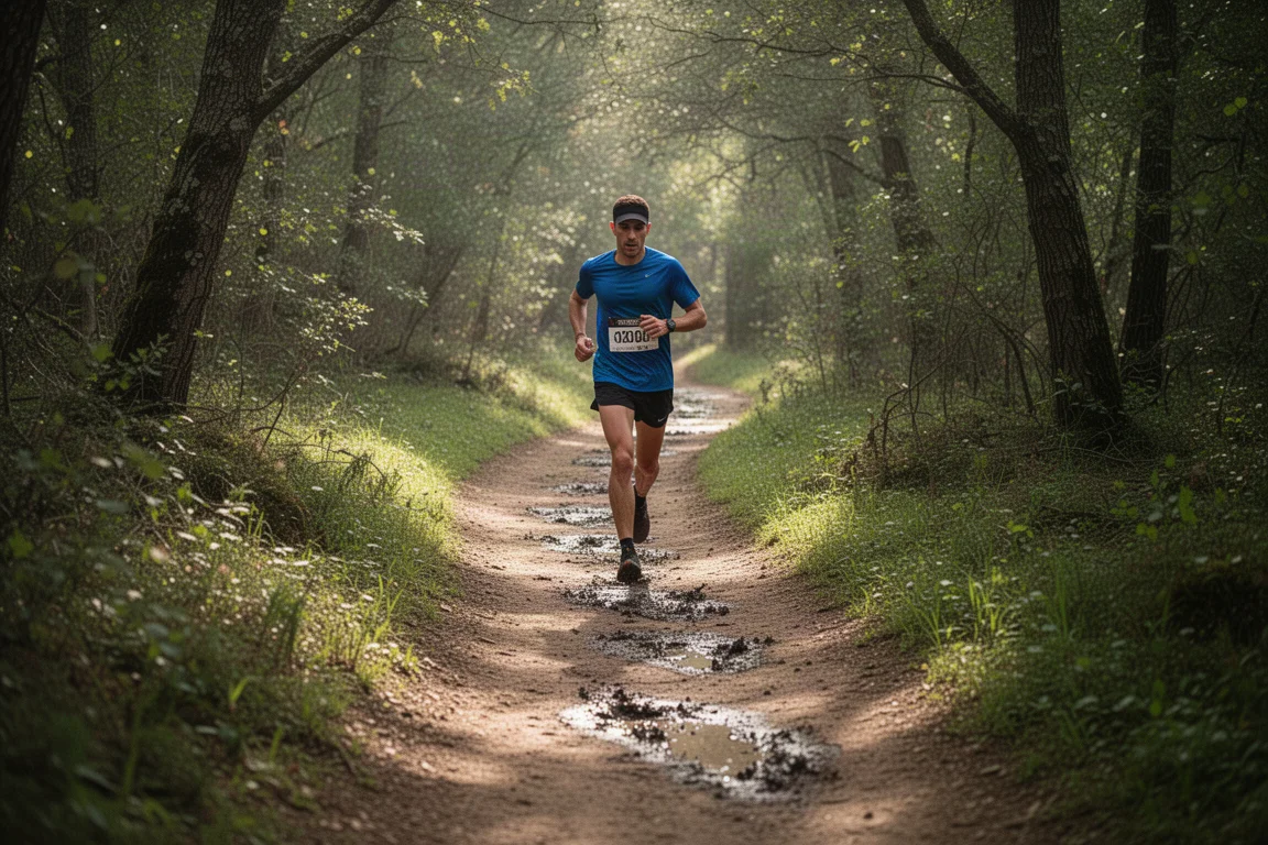 Trail runner on a single-track dirt path winding through green woodland