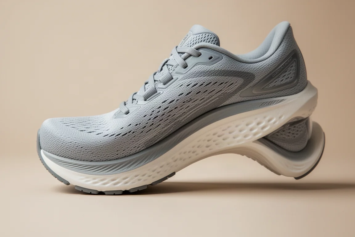 Running shoe midsole flexed by hand to show forefoot bend and rocker shape