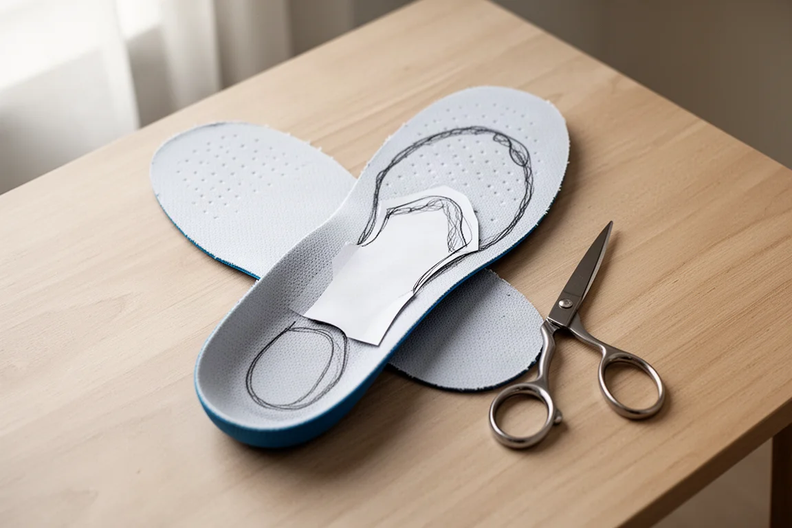 Running shoe insole on a table showing a custom cutout around the forefoot area