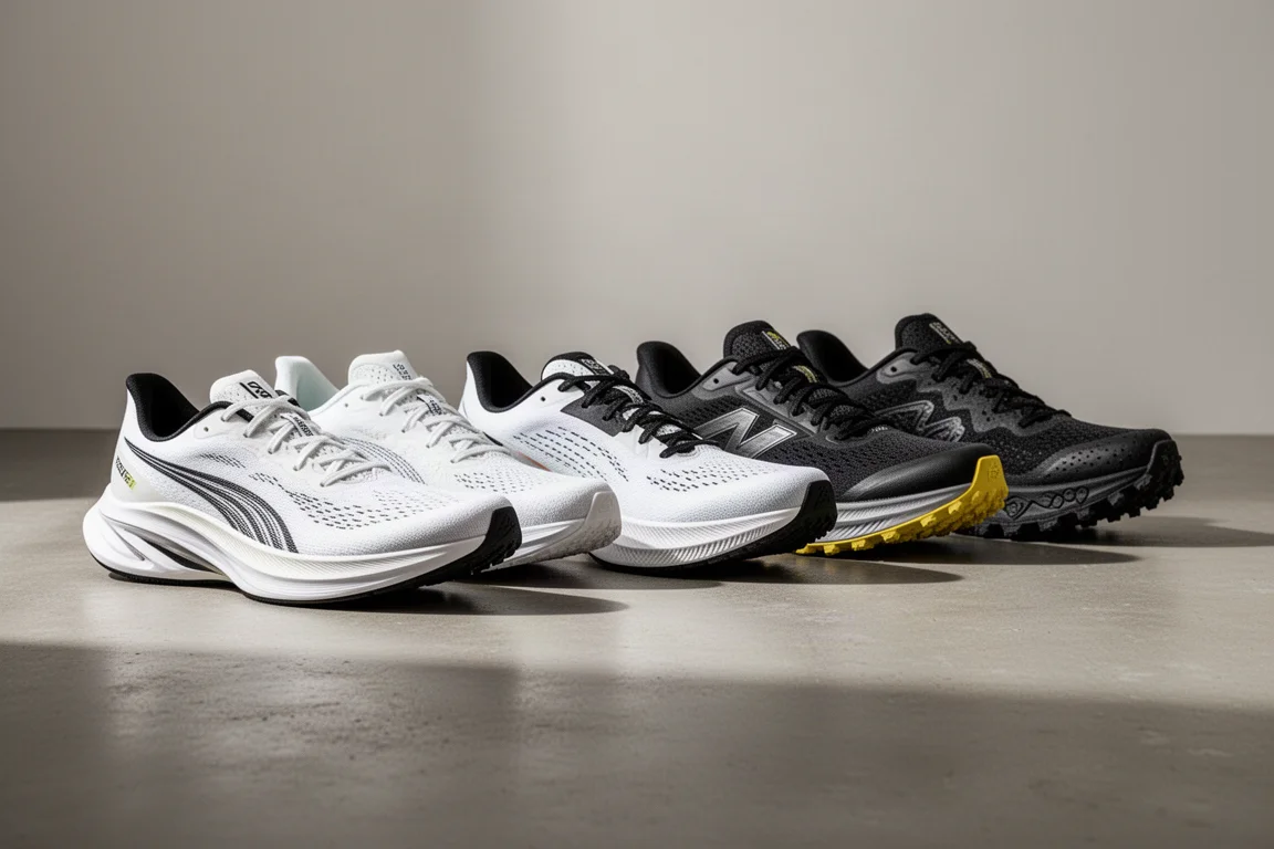 Lineup of road, racing, and trail running shoes on a concrete studio surface