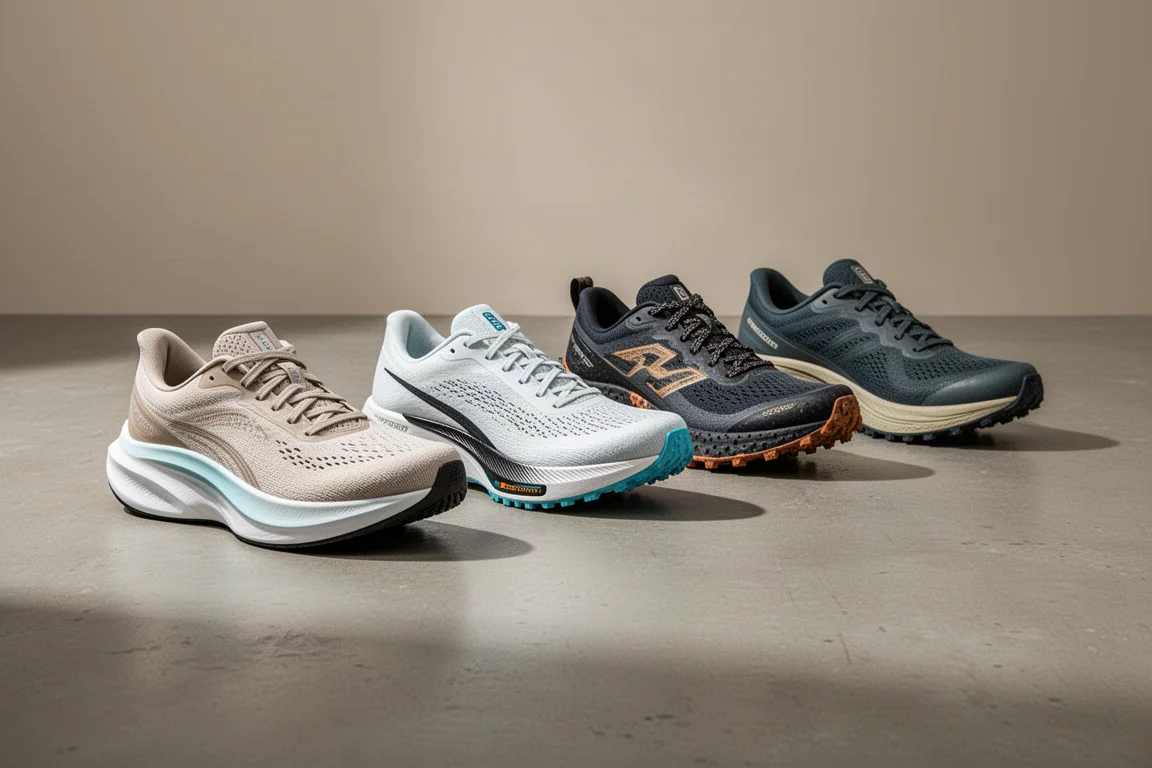 Aufstellung von fünf Laufschuhen, darunter Daily Trainer, Wettkampfschuhe und Trailschuhe, auf Beton