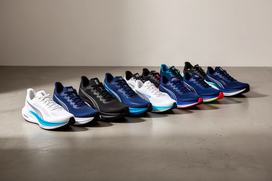 Lineup of twelve modern running shoes on a concrete floor