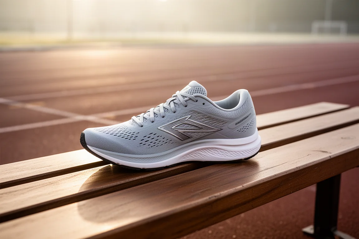 Chaussure d'entraînement légère pour route posée sur un banc en bois au bord d'une piste