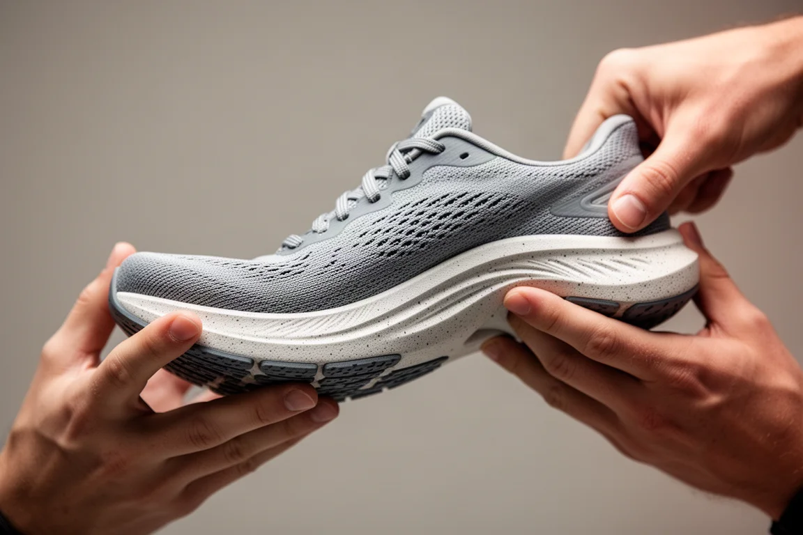Gros plan sur la semelle intermédiaire d'une chaussure de running montrant la souplesse à l'avant-pied