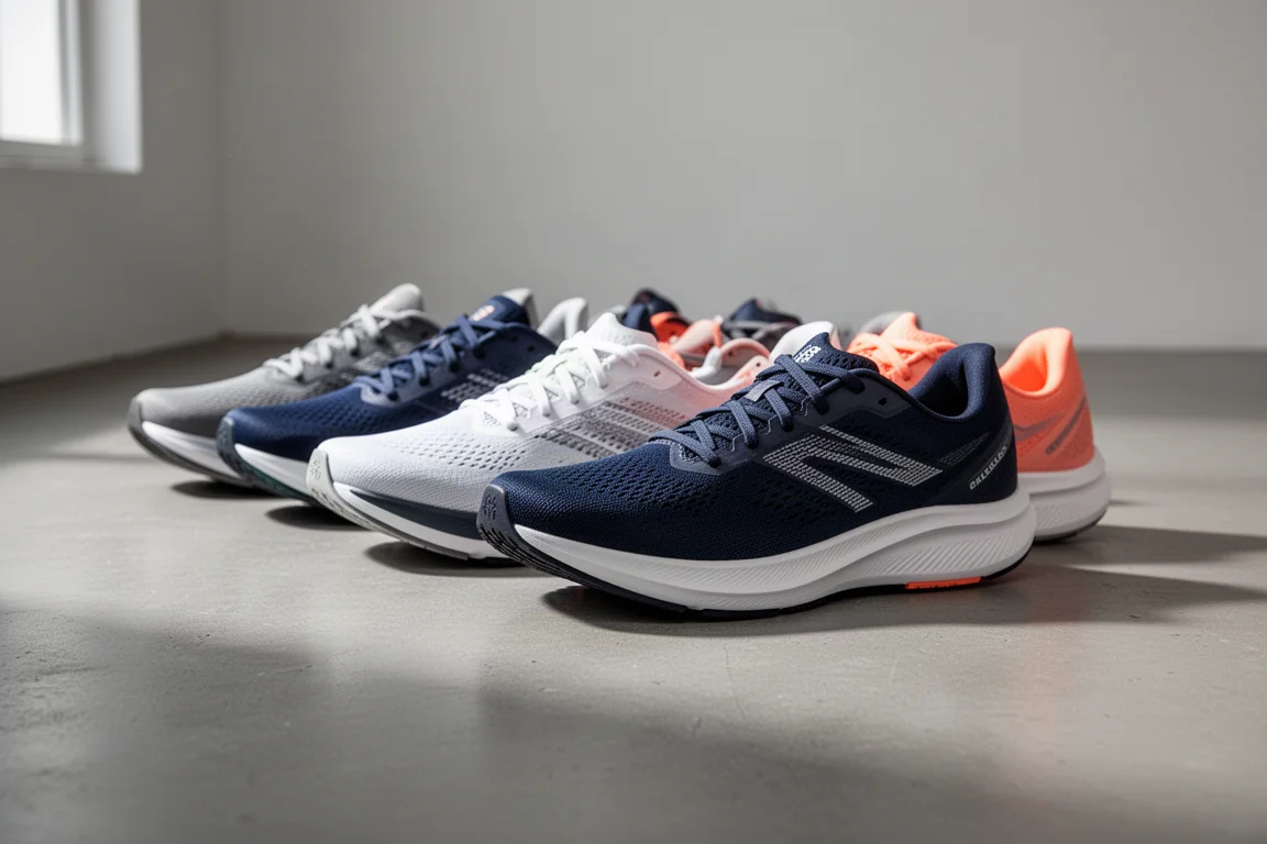 A row of lightweight road running shoes on a grey concrete studio floor