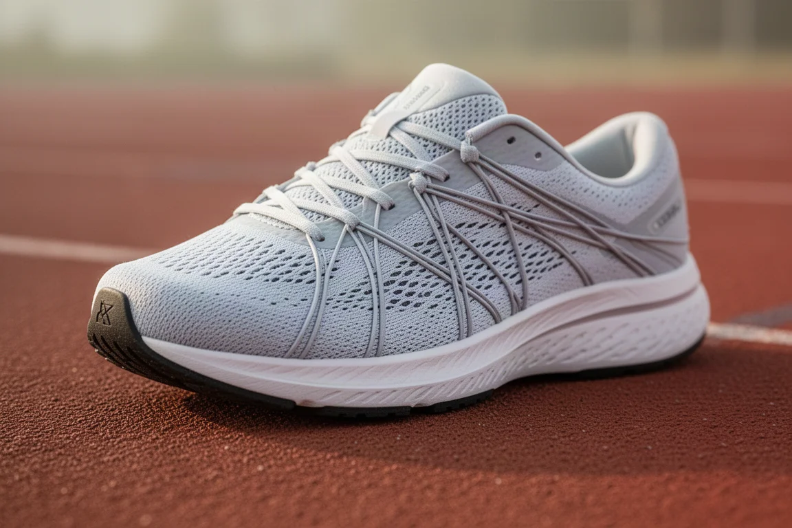 Close-up of a running shoe upper with structural TPU overlays on a track