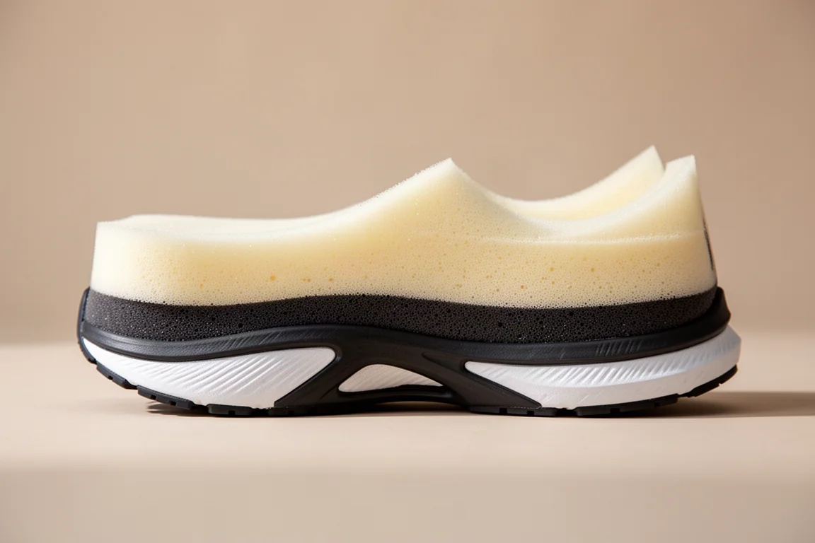 Two-tone layered midsole foam of a max cushion trainer seen from the side