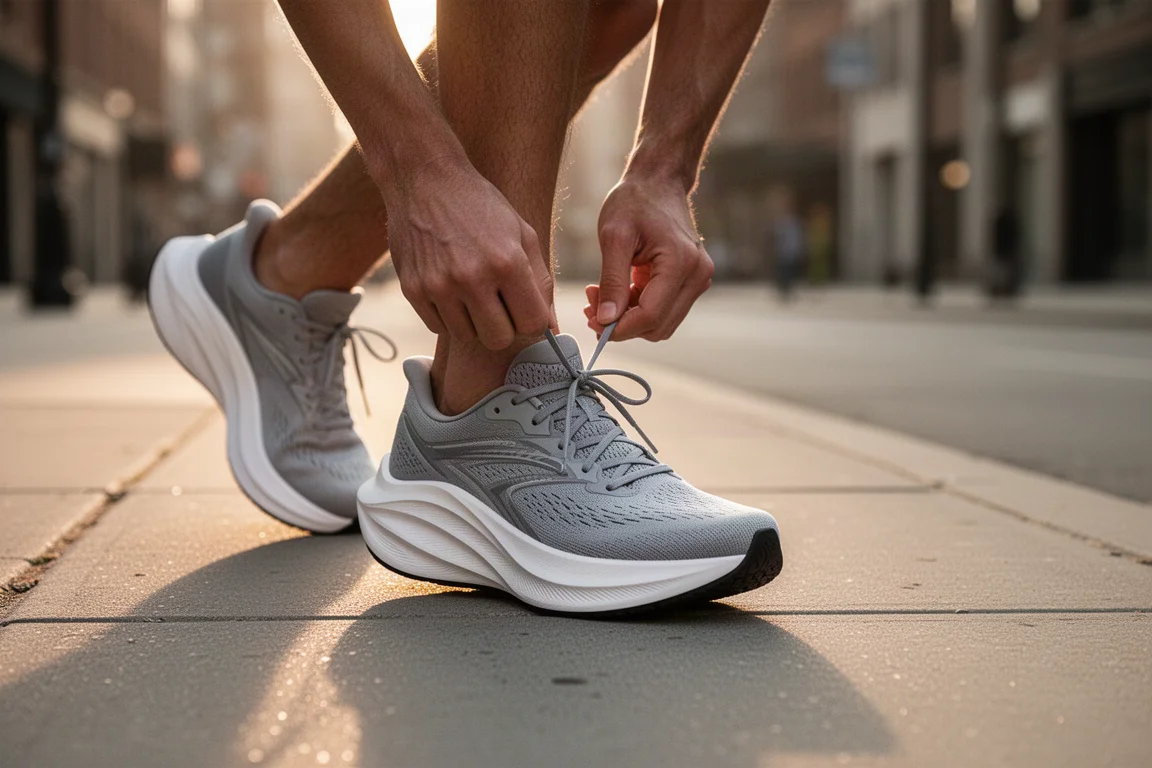 Un runner allaccia una scarpa da allenamento ad alto stack su un marciapiede urbano all'alba