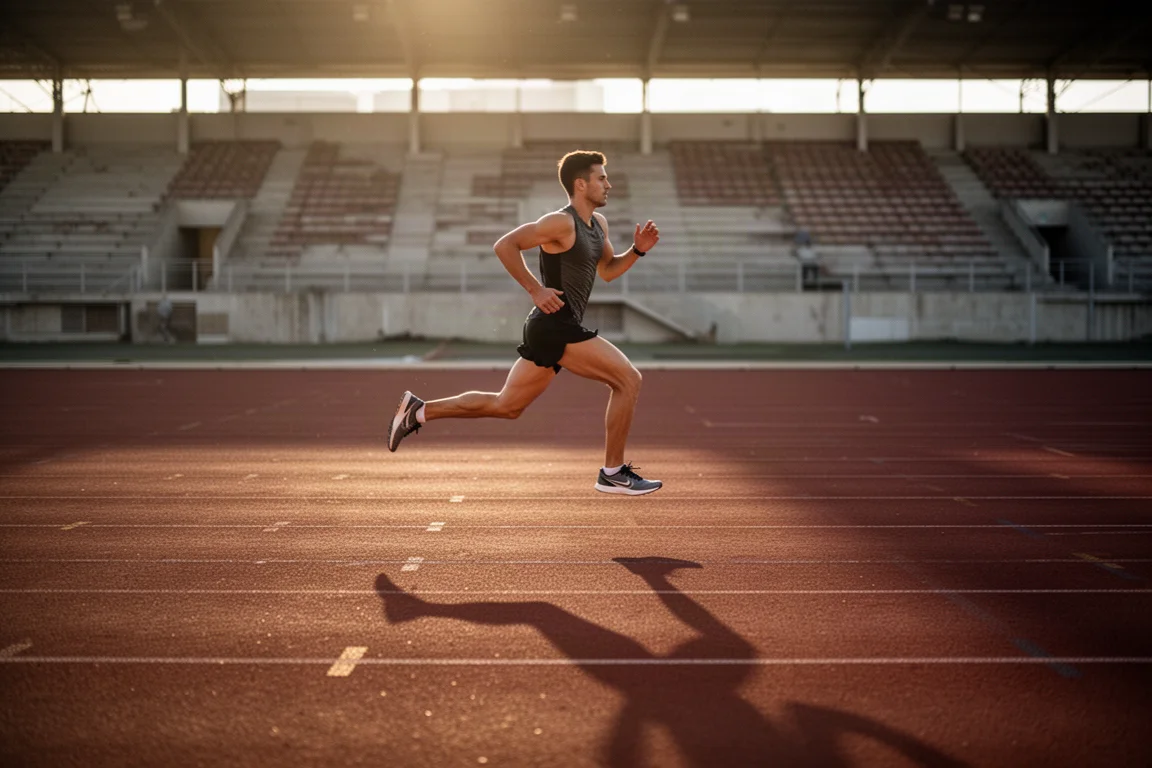 Un runner esegue ripetute da un miglio su una pista nella sera ancora luminosa