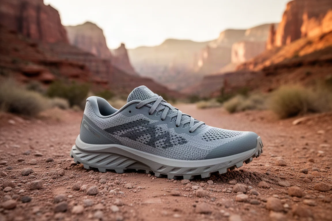 Scarpa ibrida strada-trail su un sentiero ghiaioso con un paesaggio di canyon sullo sfondo