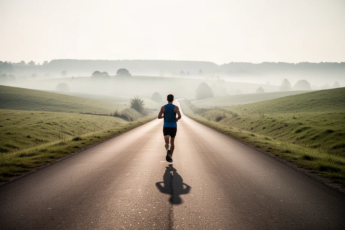 Runner on an open road in early morning light with rolling hills in the distance