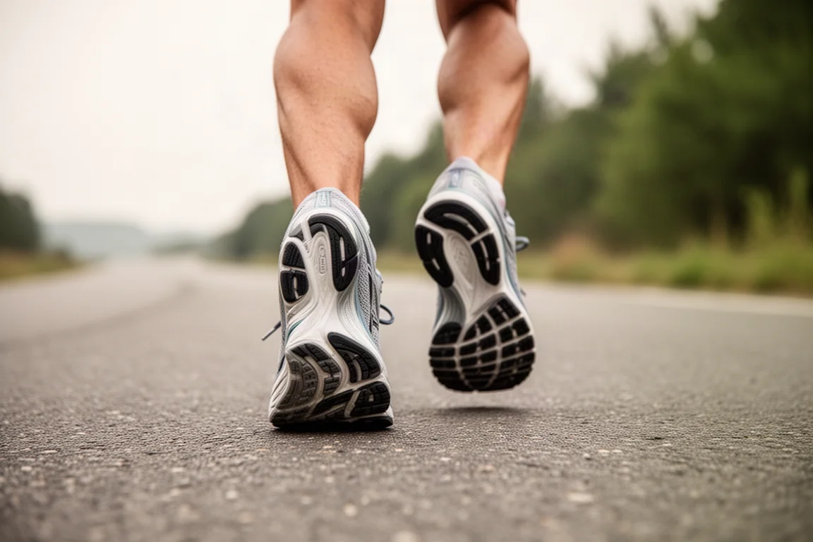 Close-up of feet in running shoes descending a paved hill at a slow pace