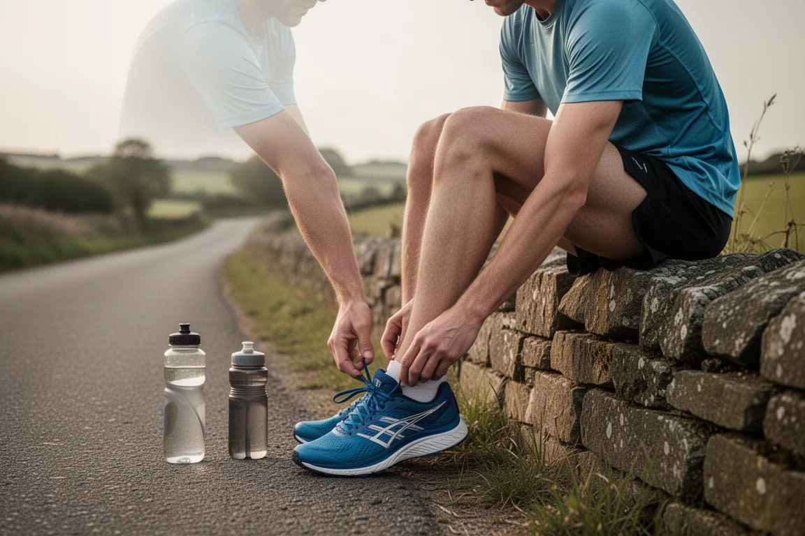 Runner stretching beside the road during a long training run in soft afternoon light
