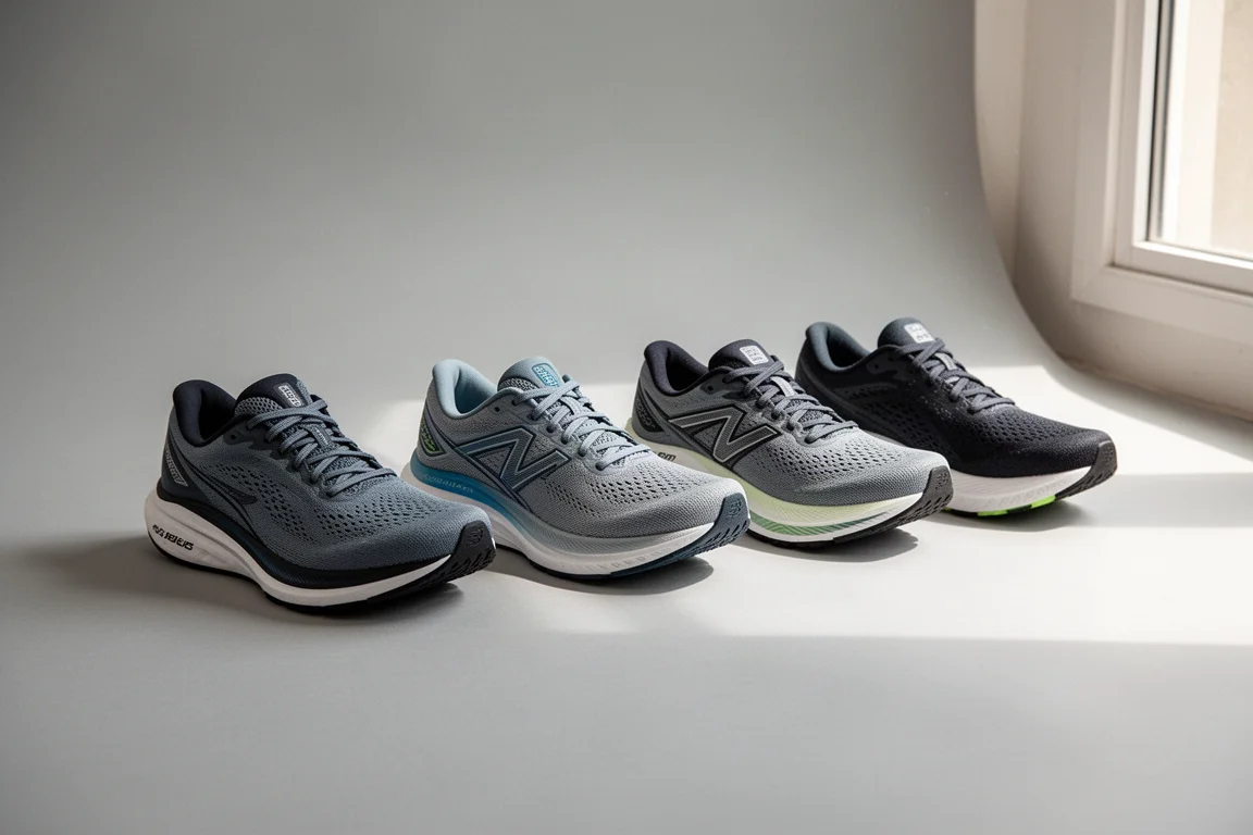 Four running shoes lined up side by side on a neutral studio surface
