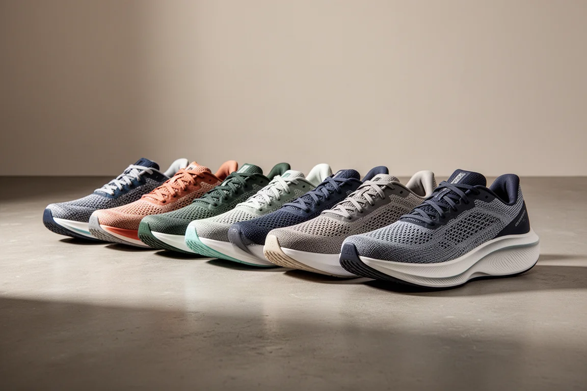 Lineup of nine road running shoes on a matte concrete floor