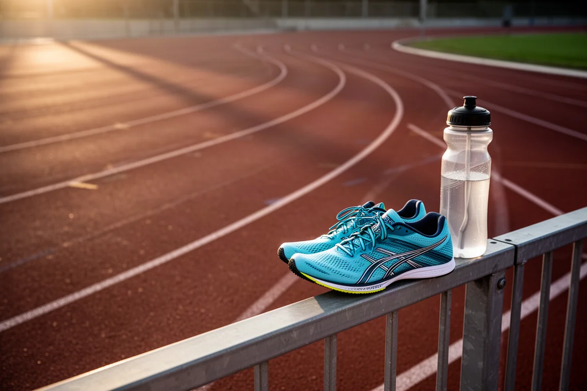 Bahnlaufspur bei Sonnenaufgang mit Laufschuhen und einer Wasserflasche auf der Reling