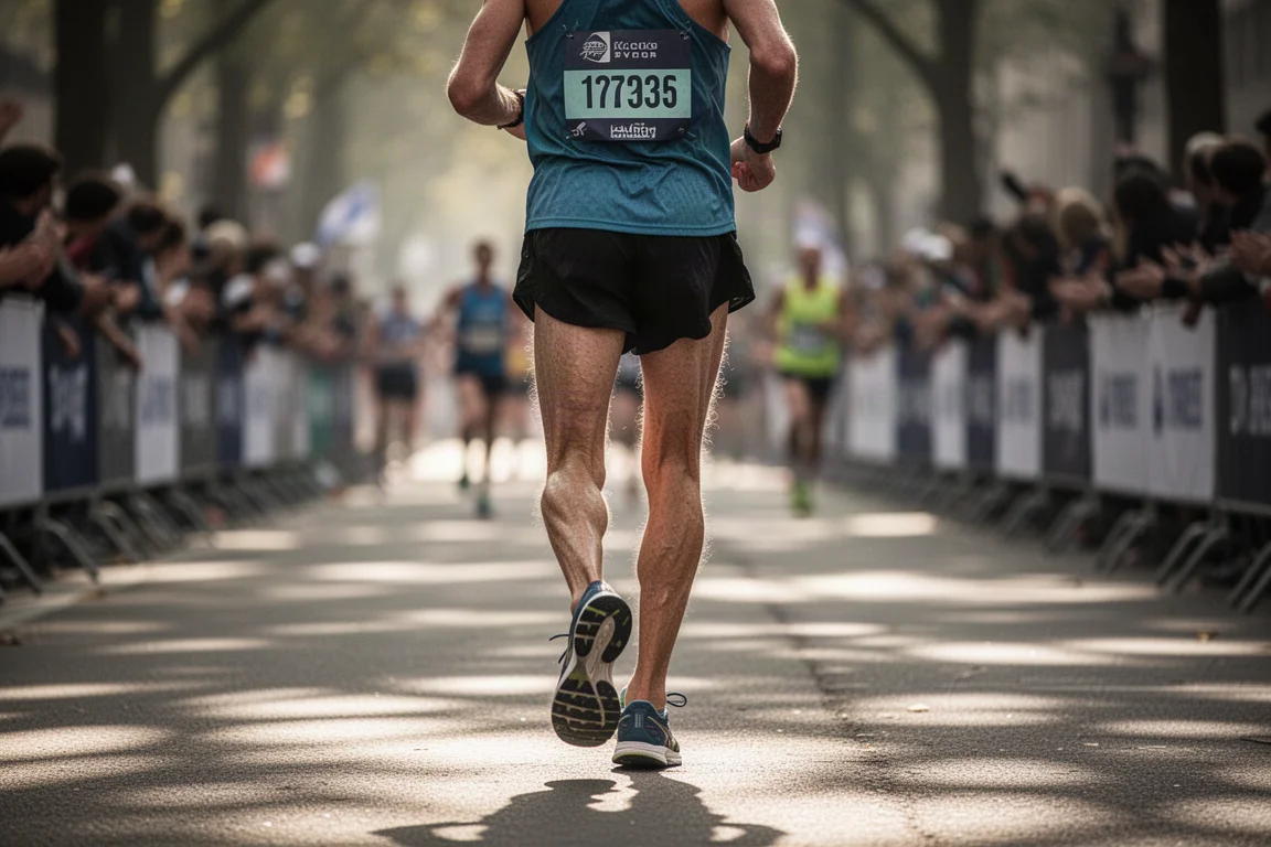 Marathonläufer bewegt sich auf schattigen Stadtstraßen durch die letzten Rennkilometer