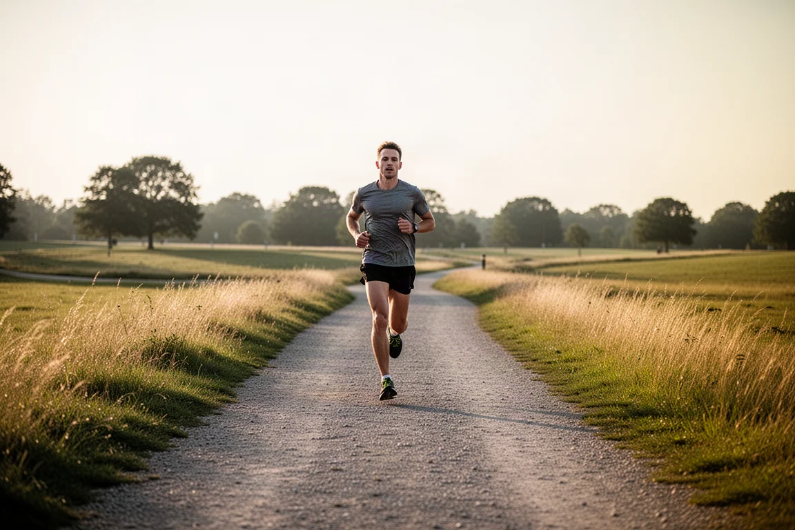 Läufer joggt im späten Nachmittagslicht über einen ruhigen Kiesweg