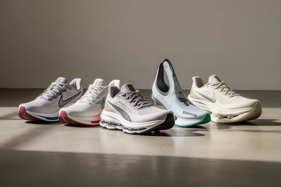 Sechs moderne Laufschuhe stehen in einer Reihe auf einem Betonboden im weichen Licht