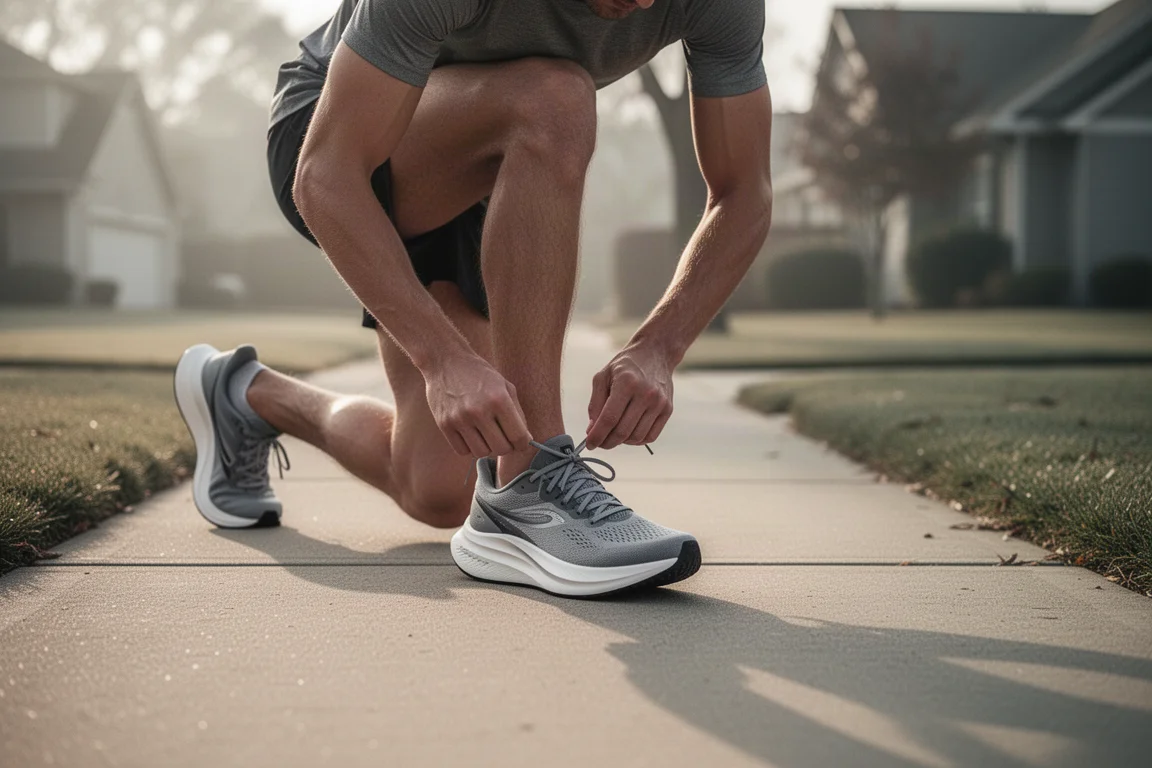 Un corridore allaccia una scarpa da strada su un marciapiede di periferia quieto alla luce del mattino presto