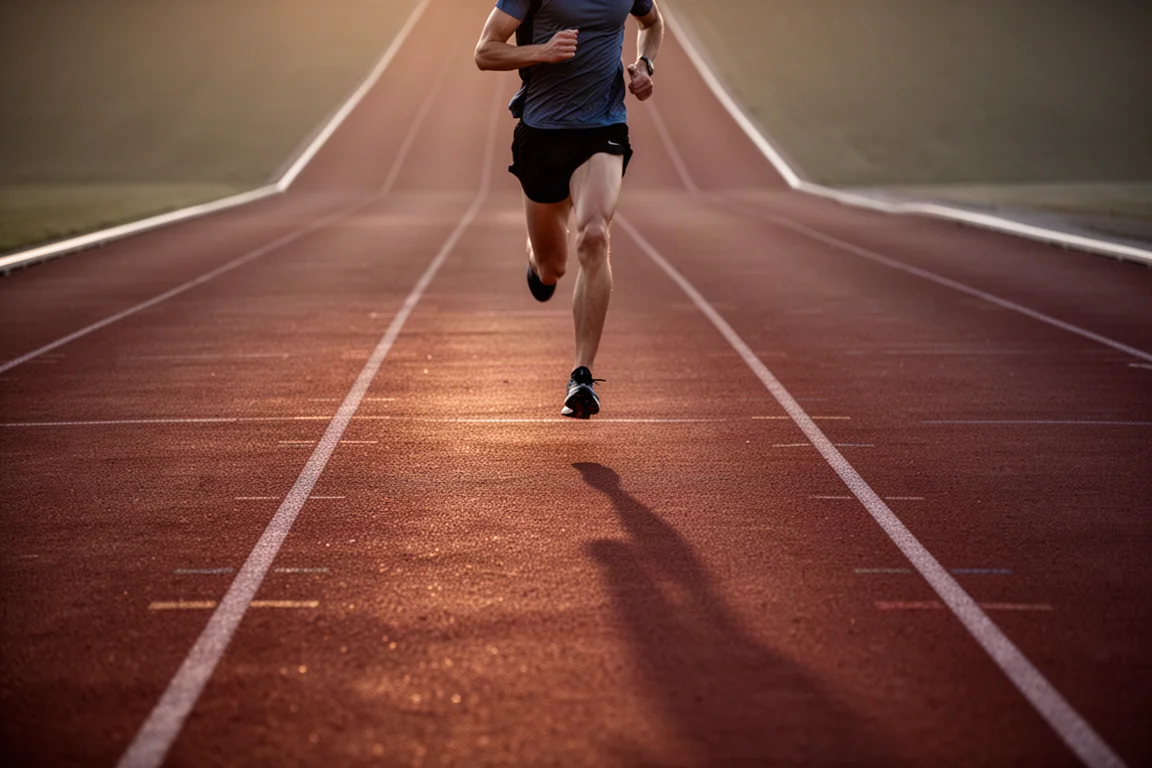 Un corridore corre lungo una pista rossa all'aperto al tramonto