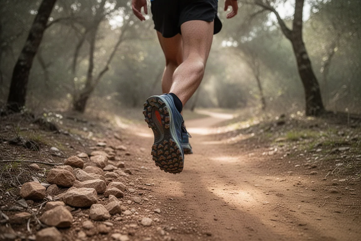 Un trail runner su un sentiero di terra battuta compatta che serpeggia tra boschi aperti