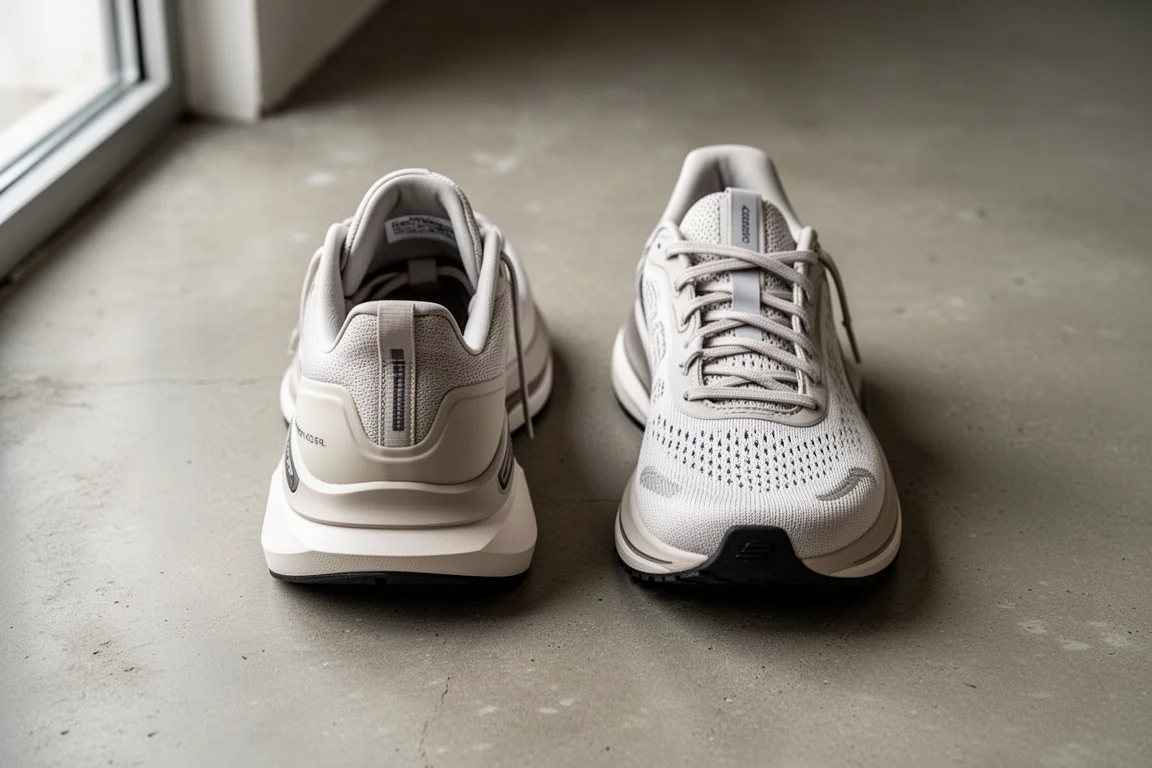 Due scarpe da running affiancate su un pavimento in cemento, che mostrano la larghezza dell'intercorda e lo smussato del tallone