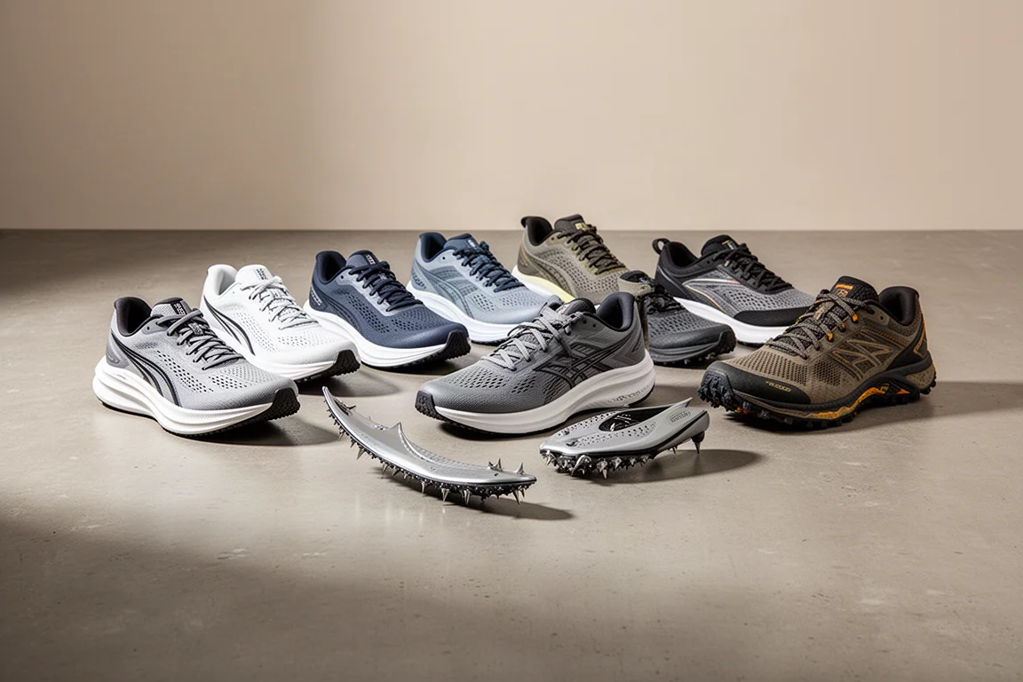 Lineup of twelve modern running shoes including road trainers, a track spike and a trail shoe on concrete