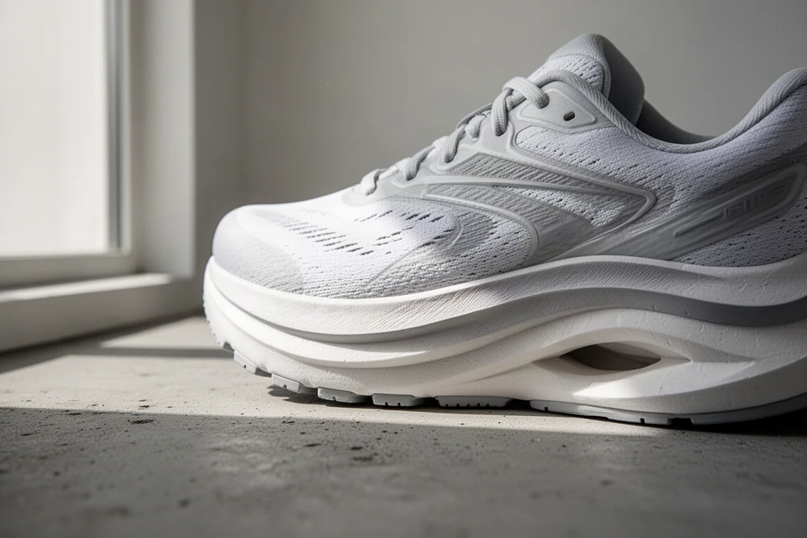 Close-up of a high-stack cushioned running shoe midsole resting on concrete