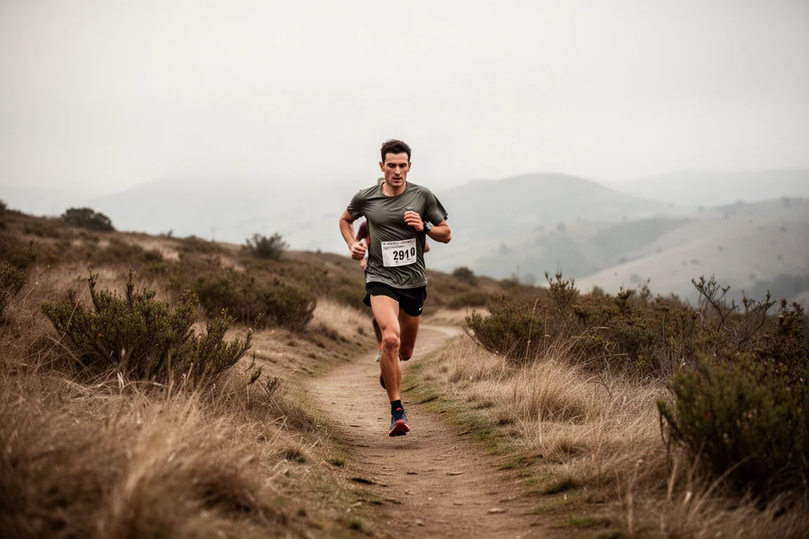 Trail runner crossing a smooth singletrack path through open hill country