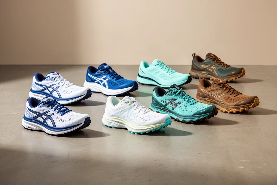Eight running shoes from New Balance, ASICS and Salomon arranged in rows on concrete