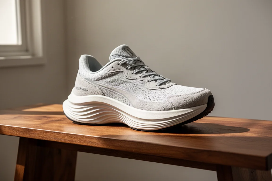 Zapatilla de running amortiguada con un rocker pronunciado apoyada en un banco de madera