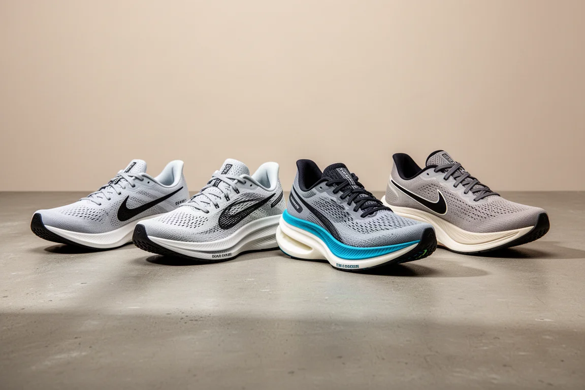 Four running shoes lined up on a concrete surface