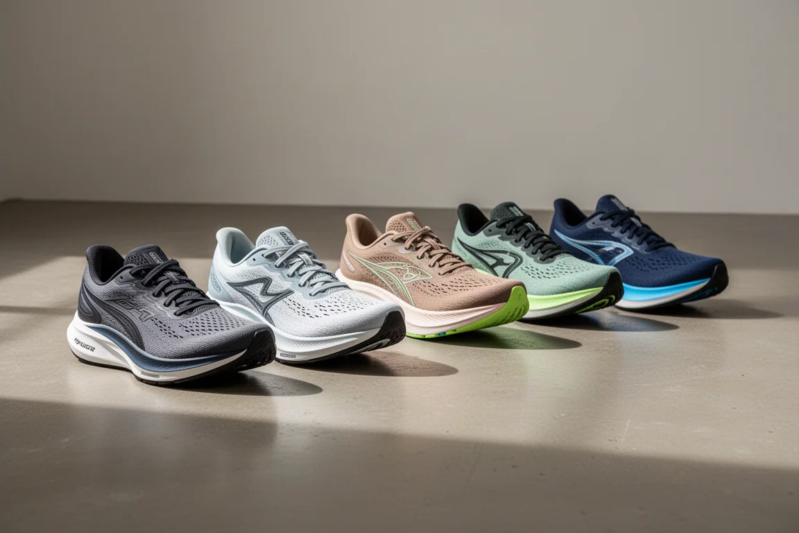 Lineup of modern running shoes on a concrete floor in soft light