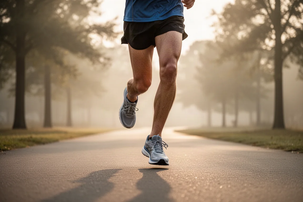 Runner cruising easy miles on a quiet paved path in soft morning light