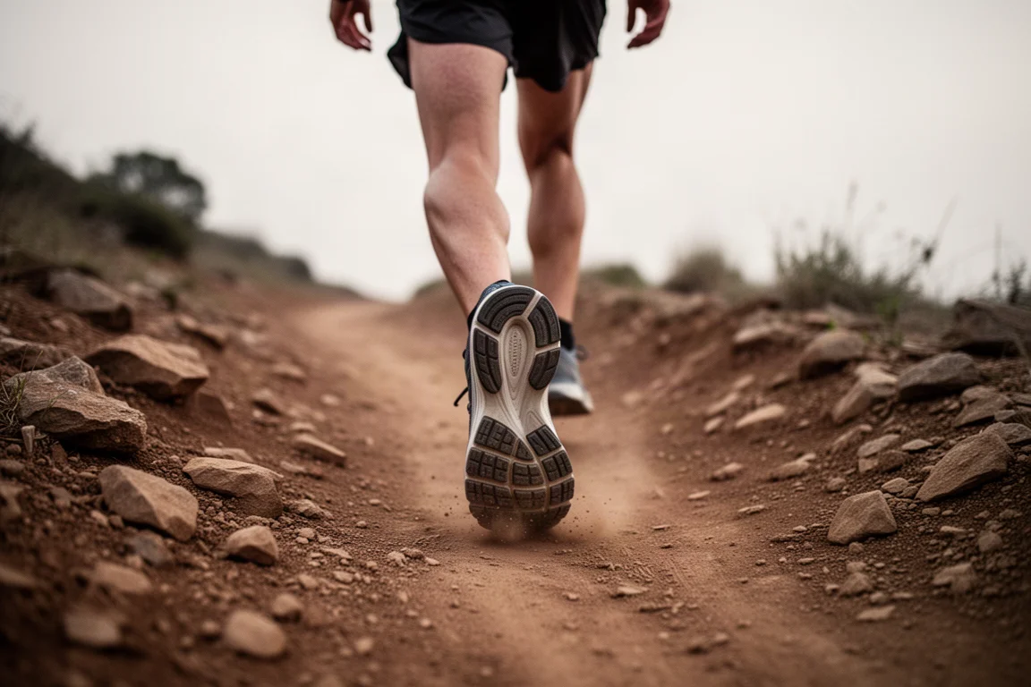 Runner moving down a trail with wide-platform running shoes on rocky ground