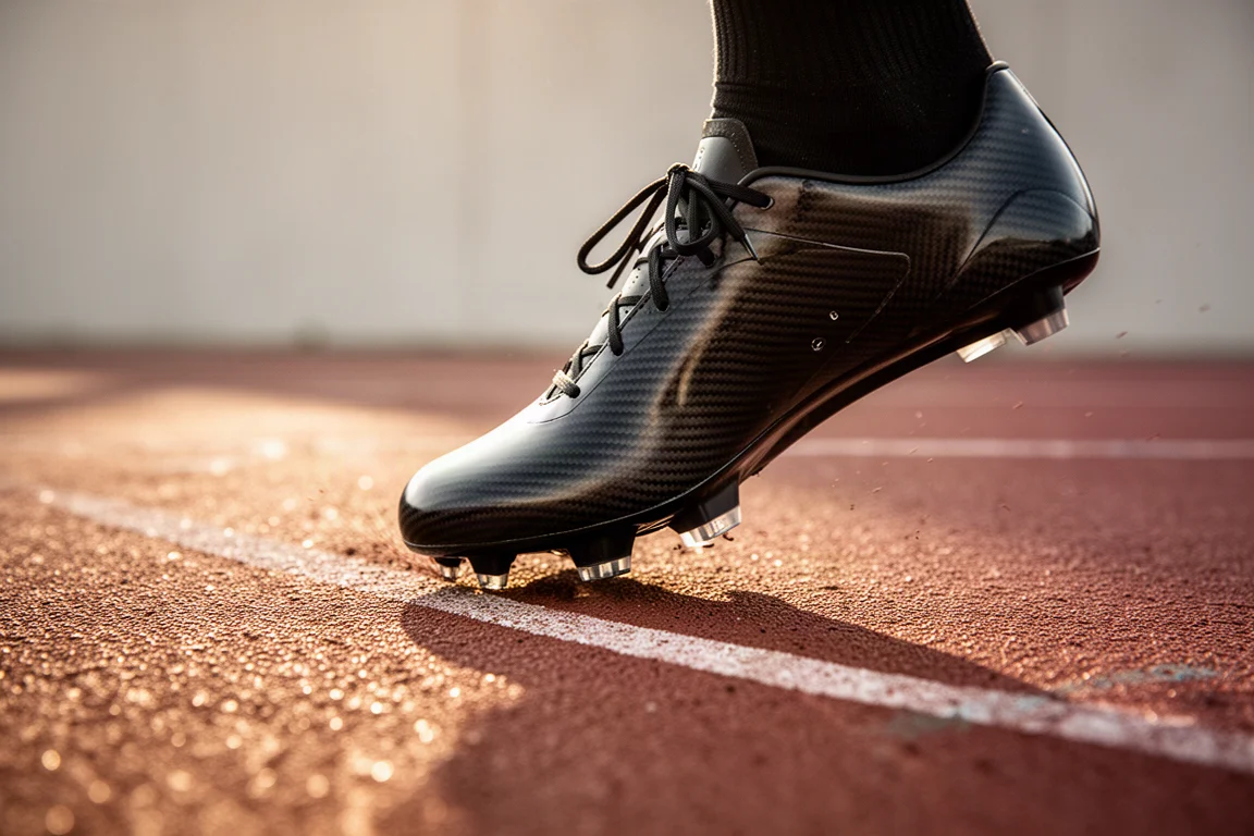 Close-up of a carbon-plated racer toeing off on a running track