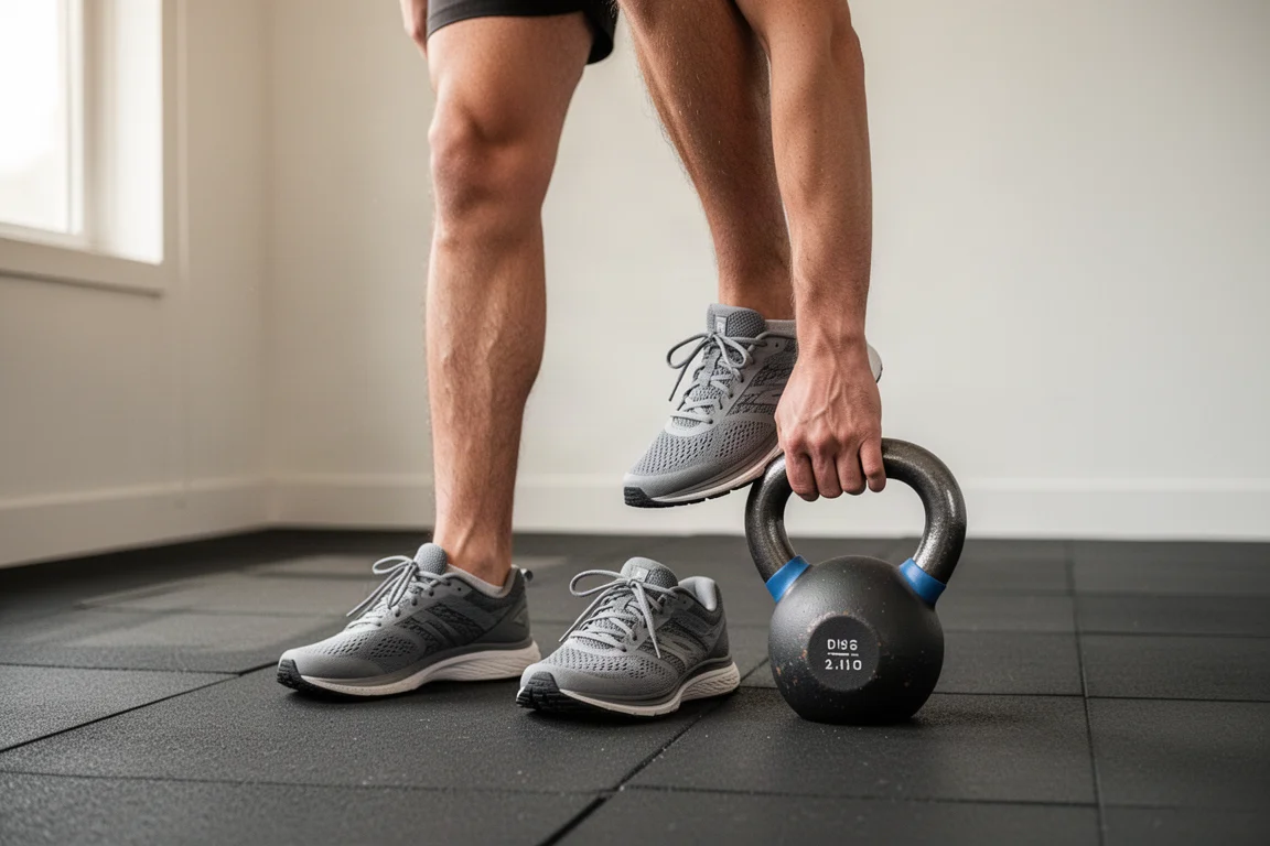 Runner stretching and lifting a kettlebell in a bright minimal gym space