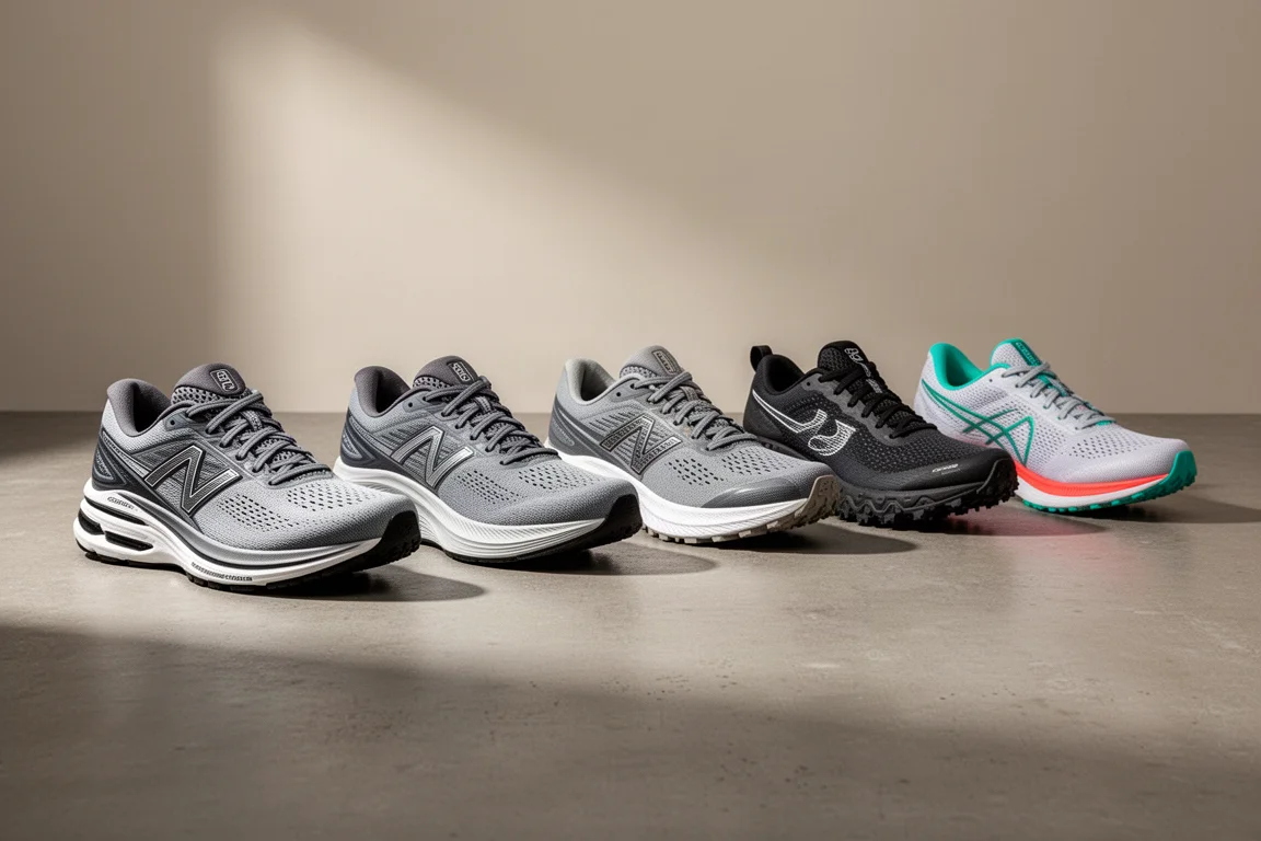 Neun Laufschuhe unterschiedlicher Typen in Reihe auf einem grauen Studio-Betonboden