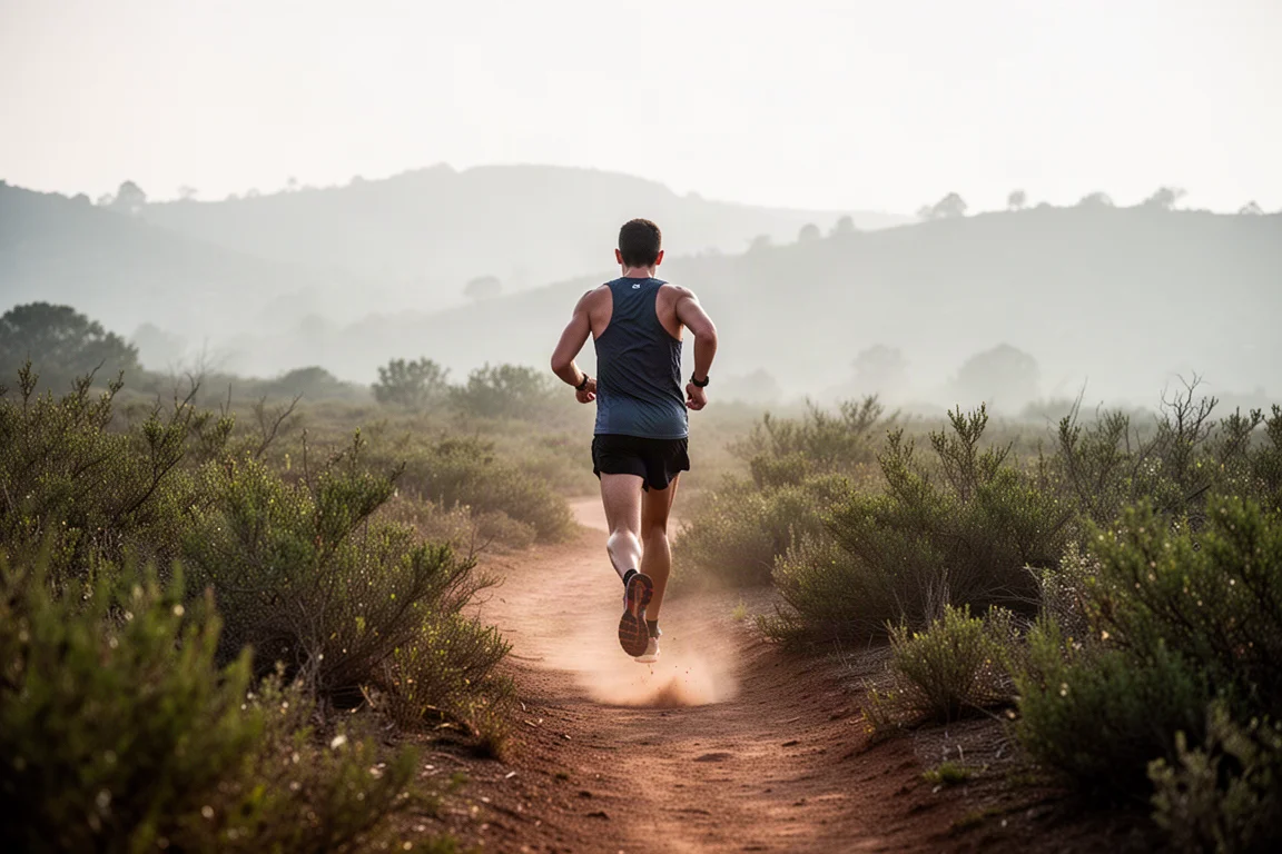 Trail runner moving along a packed dirt singletrack trail in soft light