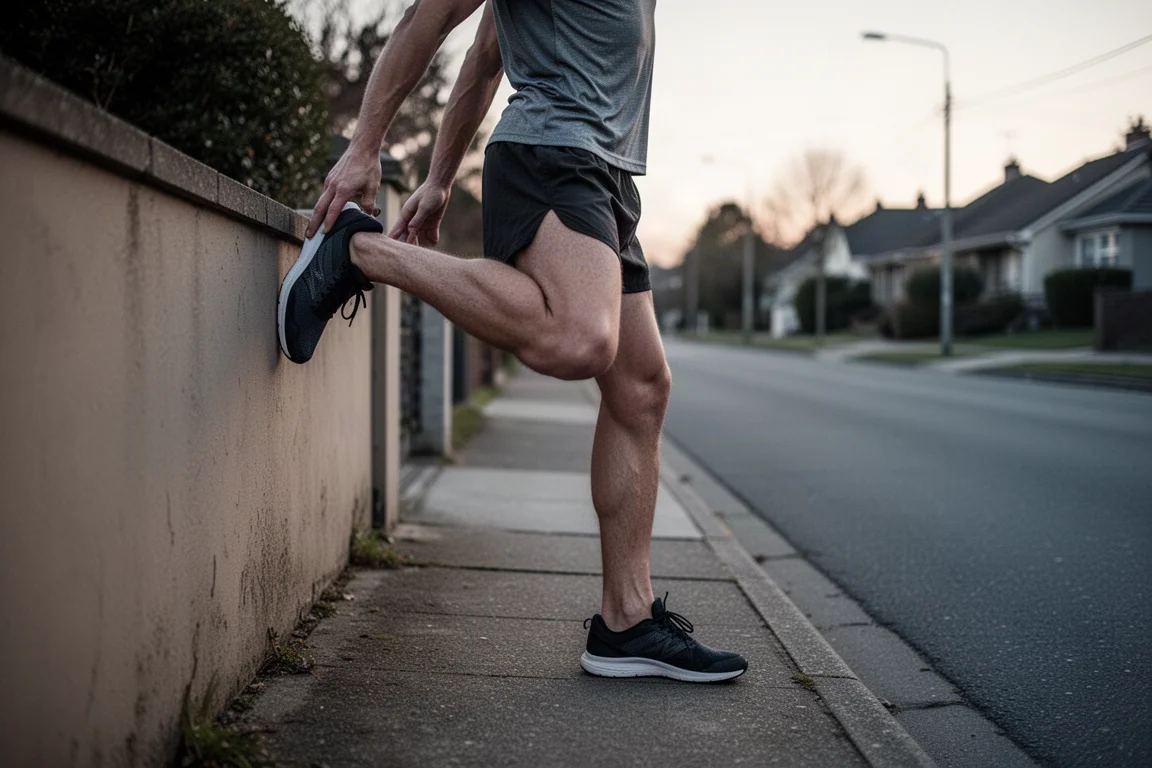 Runner stretching on a quiet suburban road at dawn
