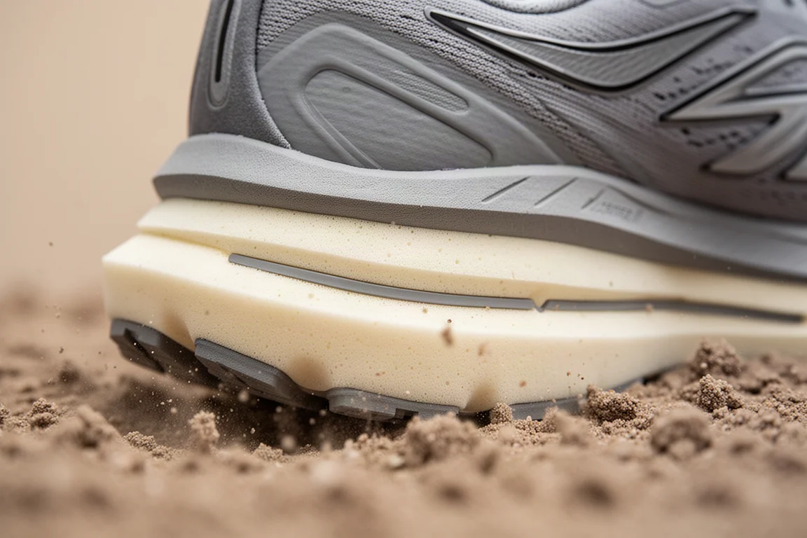 Close-up of a running shoe midsole showing layered foam construction