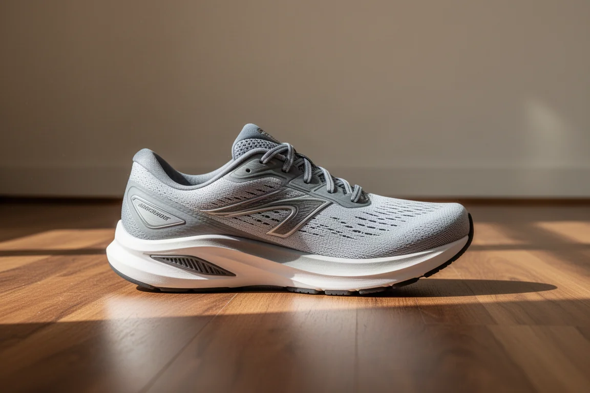 Stability running shoe standing on a wooden floor beside a walking path