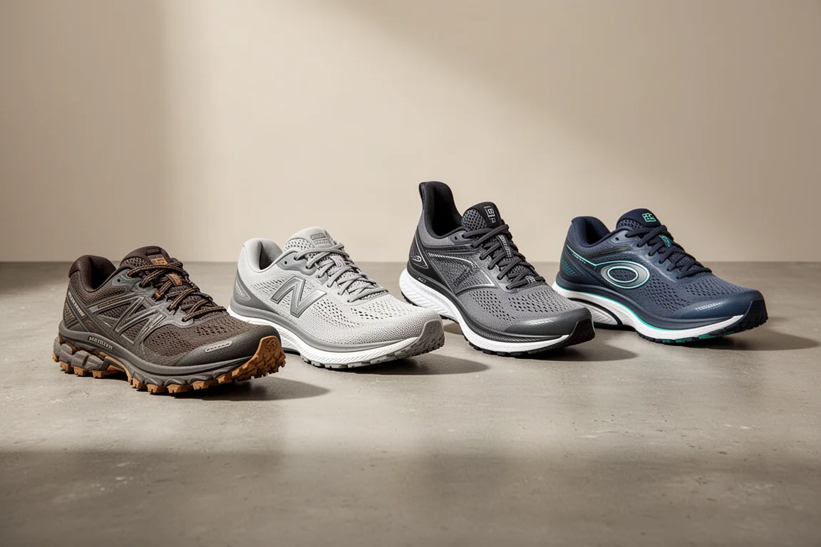Five different running shoes arranged in a line on a concrete surface