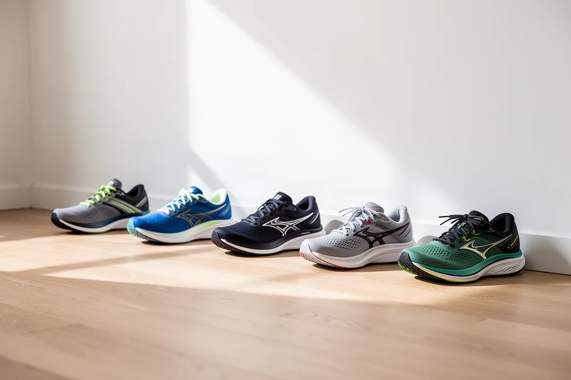 Rij hardloopschoenen langs de muur van een sportschool voor een trainingssessie